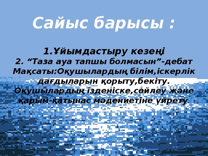 Сайыс барысы : 1.Ұйымдастыру кезеңі 2. “Таза ауа тапшы болмасын”-дебат Мақсаты:Оқушылардың білім,іскерлік дағдыларын қорыту,бек