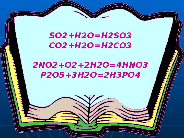 SO2+H2O=H2SO3 CO2+H2O=H2CO3 2 NO2+O2+2H2O=4HNO 3 P2O5+3H2O=2H3PO4