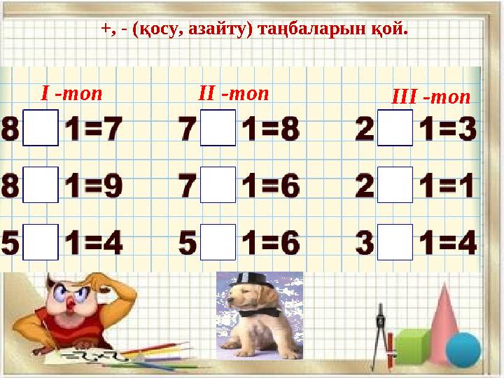 +, - (қосу, азайту) таңбаларын қой. І -топ ІІ -топ ІІІ -топ