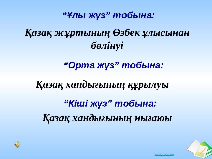 Ашық сабақтарҚазақ жұртының Өзбек ұлысынан бөлінуі“ Ұлы жүз” тобына: “ Орта жүз” тобына: Қазақ хандығының құрылуы “ Кіші жүз” т