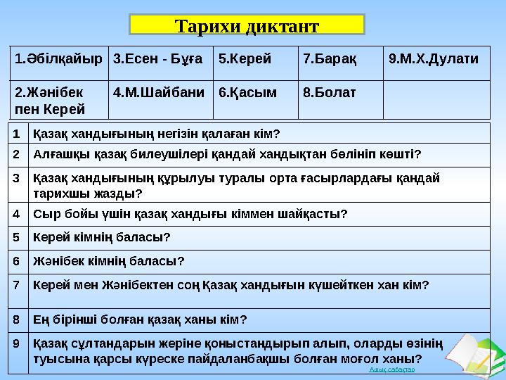 Ашық сабақтарТарихи диктант 1.Әбілқайыр 3.Есен - Бұға 5.Керей 7.Барақ 9.М.Х.Дулати 2.Жәнібек пен Керей 4.М.Шайбани 6.Қасым 8.