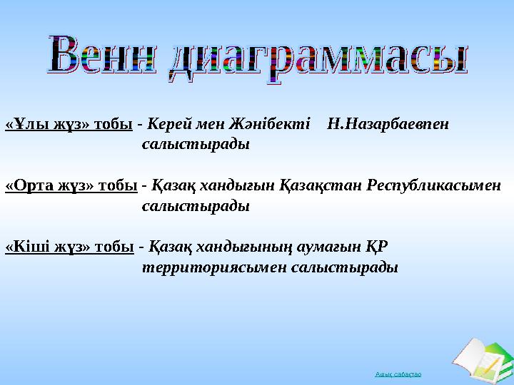 Ашық сабақтар«Ұлы жүз» тобы - Керей мен Жәнібекті Н.Назарбаевпен салыстырады «Орта жүз» т