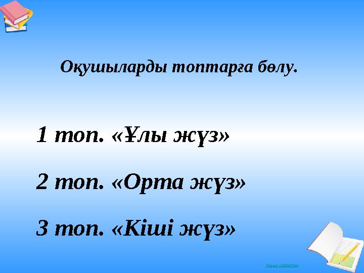 Ашық сабақтар1 топ. « Ұлы жүз » 2 топ. «Орта жүз» 3 топ. «Кіші жүз» Оқушыларды топтарға бөлу.