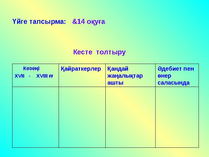 Үйге тапсырма: & 14 оқуға Кесте толтыру Кезеңі Х VII - Х VIII ғғ Қайрат