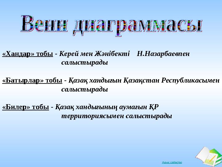 Ашық сабақтар«Хандар» тобы - Керей мен Жәнібекті Н.Назарбаевпен салыстырады «Батырлар» то