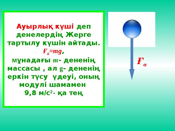 Ауырлық күші деп денелердің Жерге тартылу күшін айтады. Ғ а =mg, мұнадағы m- дененің массасы , ал g- дененің еркін түсу үд