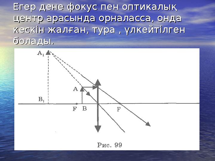 Егер дене фокус пен оптикалық Егер дене фокус пен оптикалық центр арасында орналасса, онда центр арасында орналасса, онда кеск