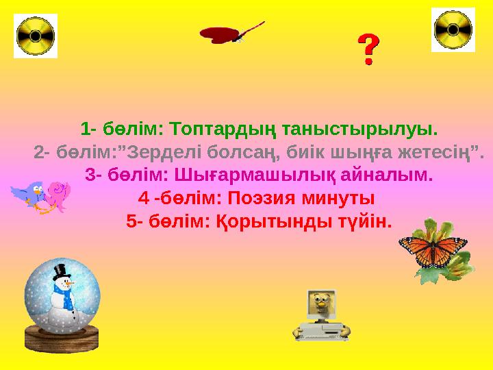 1 - бөлім: Топтардың таныстырылуы. 2 - бөлім:”Зерделі болсаң, биік шыңға жетесің”. 3 - бөлім: Шығармашылық айналым. 4 - бөлі