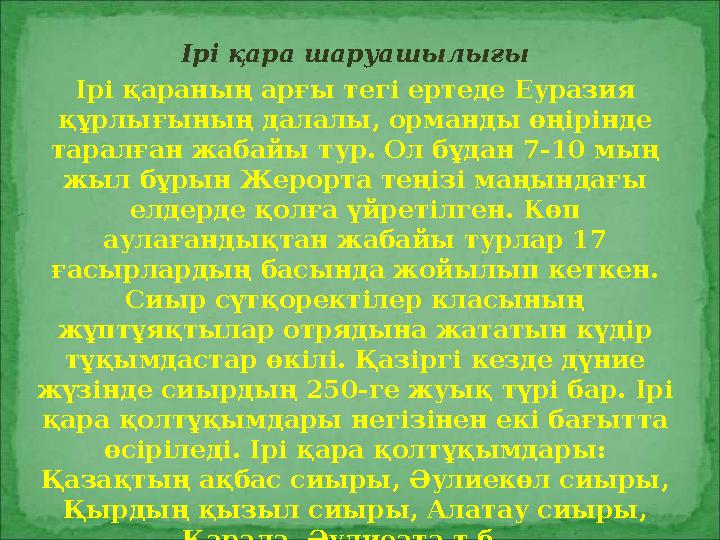 Ірі қара шаруашылығы Ірі қараның арғы тегі ертеде Еуразия құрлығының далалы, орманды өңірінде таралған жабайы тур. Ол бұдан 7-