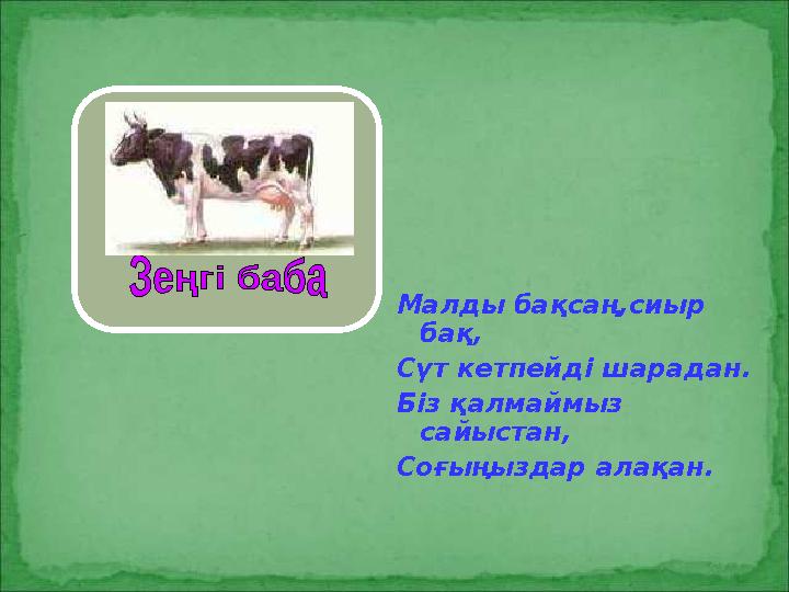 Малды бақсаң,сиыр бақ, Сүт кетпейді шарадан. Біз қалмаймыз сайыстан, Соғыңыздар алақан.