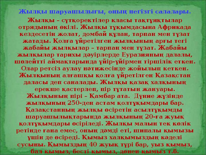 Жылқы шаруашылығы, оның негізгі салалары. Жылқы – сүтқоректілер класы тақтұяқтылар отрядының өкілі. Жылқы тұқымдасына Африкада