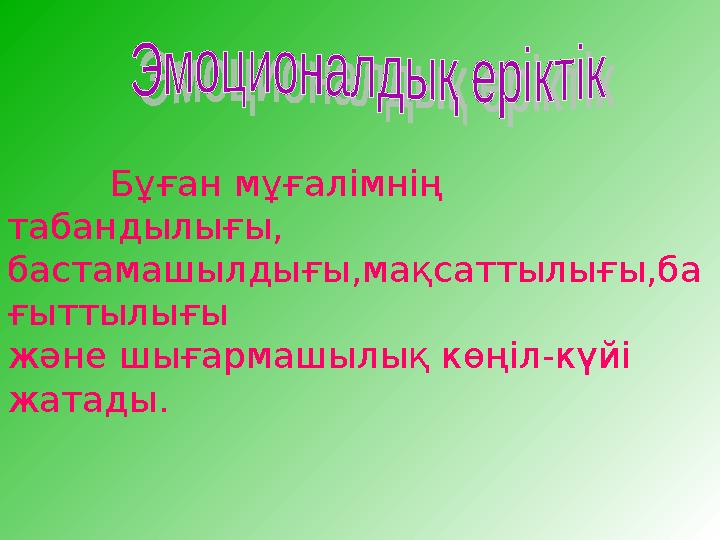 Бұған мұғалімнің табандылығы, бастамашылдығы,мақсаттылығы,ба ғыттылығы және шығармашылық көңіл-күйі жатады.