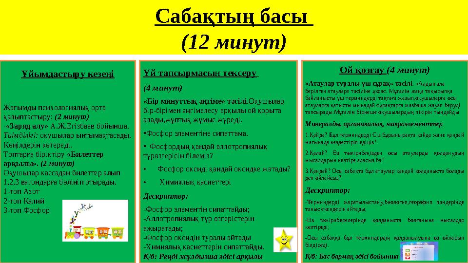 Сабақтың басы (12 минут) Ұйымдастыру кезеңі Жағымды психологиялық орта қалыптастыру: (2 минут) -«Заряд алу» А.Ж.Егізбаев бой