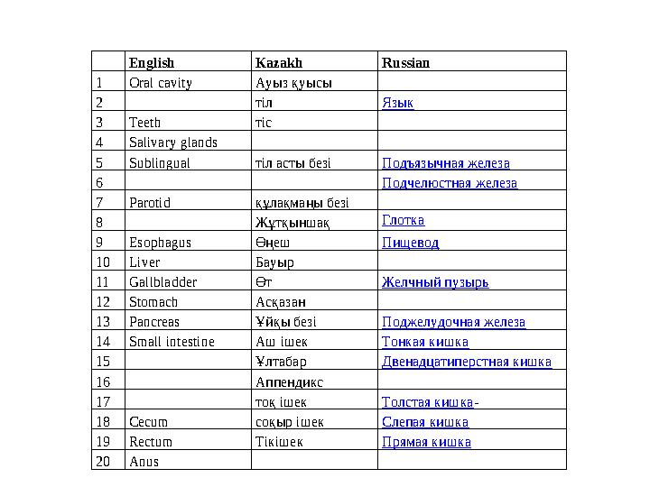 English Kazakh Russian 1 Oral cavity Ауыз қуысы 2 тіл Язык 3 Teeth тіс 4 Salivary glands 5 Sublingual тіл асты безі П