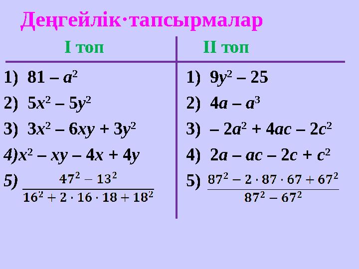 Деңгейлік · тапсырмалар І топ ІІ топ 1) 81 – a 2 2) 5 x 2 – 5 y 2 3) 3 x 2 – 6 xy + 3