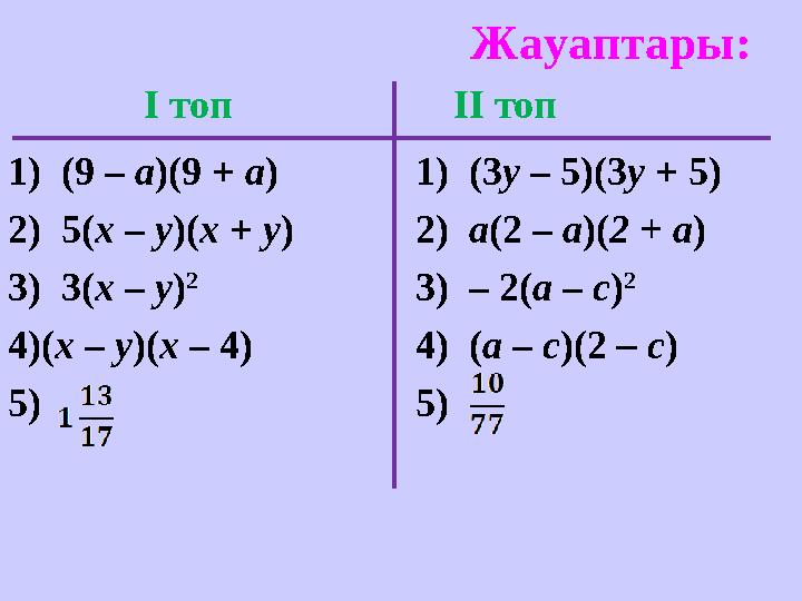 Жауаптары: І топ ІІ топ 1) (9 – a )(9 + a ) 2) 5( x – y )( x + y ) 3) 3( x – y )