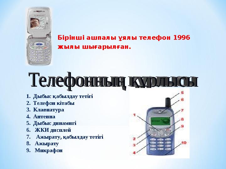 Бірінші ашпалы ұялы телефон 1996 жылы шығарылған. 1. Дыбыс қабылдау тетігі 2. Телефон кітабы 3. Клавиатура 4. Антенна 5.