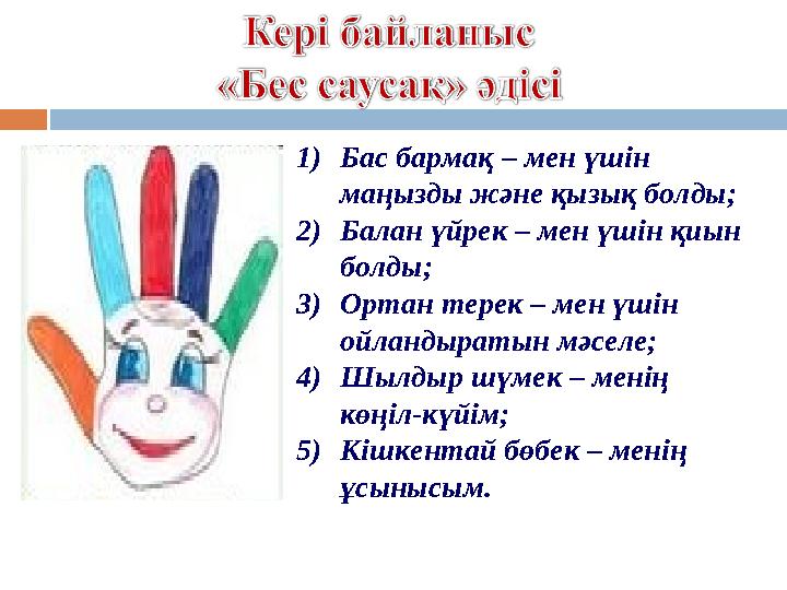 1)Бас бармақ – мен үшін маңызды және қызық болды; 2)Балан үйрек – мен үшін қиын болды; 3)Ортан терек – мен үшін ойландыра