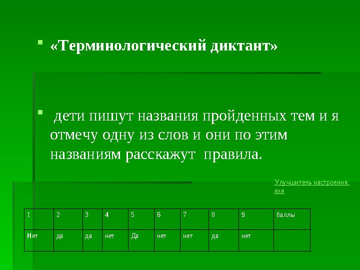  «Терминологический диктант»  дети пишут названия пройденных тем и я отмечу одну из слов и они по этим названиям расскажут