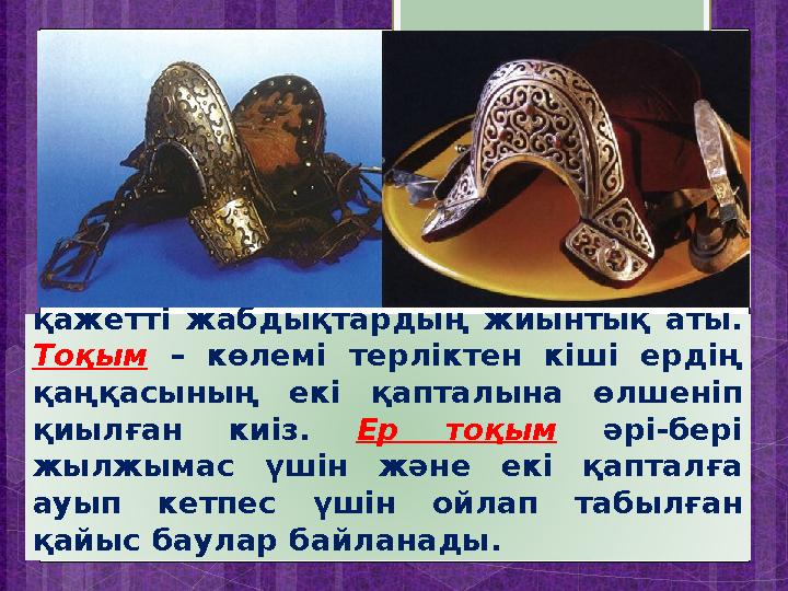 Ер-тұрман – атқа салт мініп жүруге қажетті жабдықтардың жиынтық аты. Тоқым – көлем