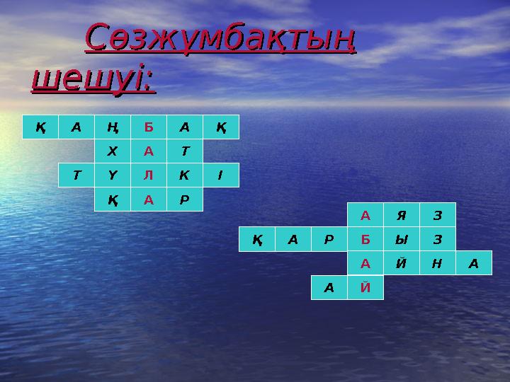 Қ ҚА АБҢ Х А Т Ү Л К ІТ Қ А Р А Р Б Ы А ЗҚ А ЗЯ А Й АНЙ Сөзжұмбақтың Сөзжұмбақтың шешуі:шешуі: