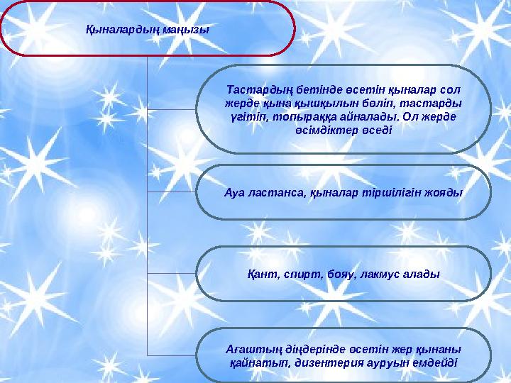 Қыналардың маңызы Тастардың бетінде өсетін қыналар сол жерде қына қышқылын бөліп, тастарды үгітіп, топыраққа айналады. Ол жерд