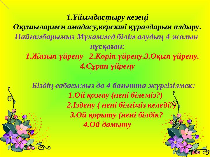 : 1.Ұйымдастыру кезеңі Оқушылармен амадасу,керекті құралдарын алдыру. Пайғамбарымыз Мұхаммед білім алудың 4 жолын нұсқаған: