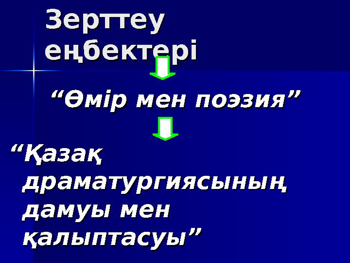 Зерттеу Зерттеу еңбектеріеңбектері “ “Өмір мен поэзия”Өмір мен поэзия” ““Қазақ Қазақ драматургиясының драматургия