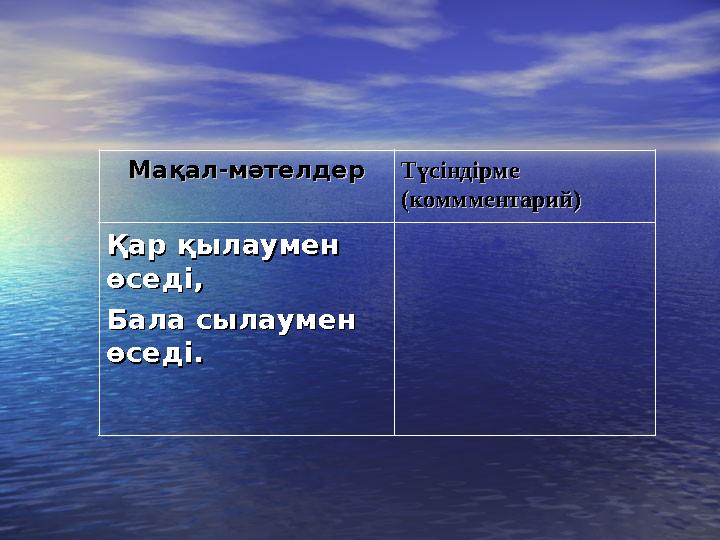 Мақал-мәтелдерМақал-мәтелдер Түсіндірме Түсіндірме (коммментарий)(коммментарий) Қар қылаумен Қар қылаумен өседі, өседі, Б