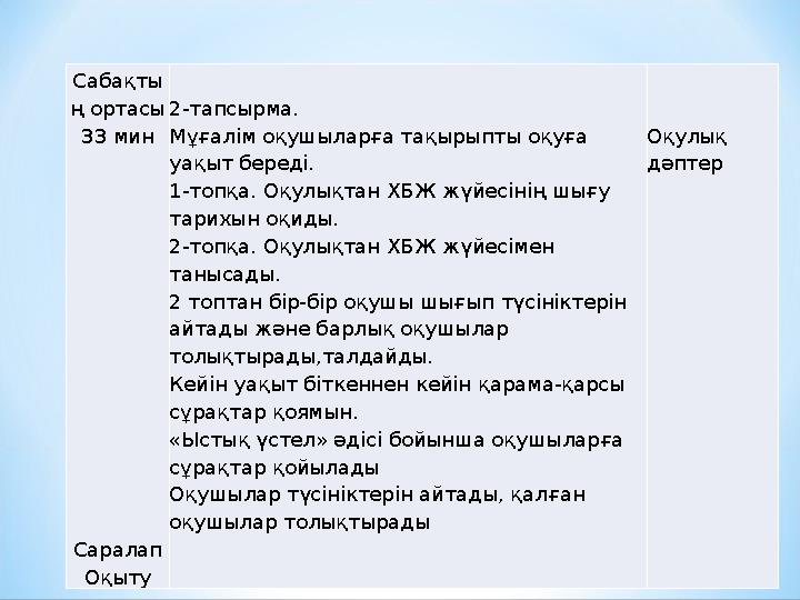Сабақты ң ортасы 33 мин Саралап Оқыту 2-тапсырма. Мұғалім оқушыларға тақырыпты оқуға уақыт беред