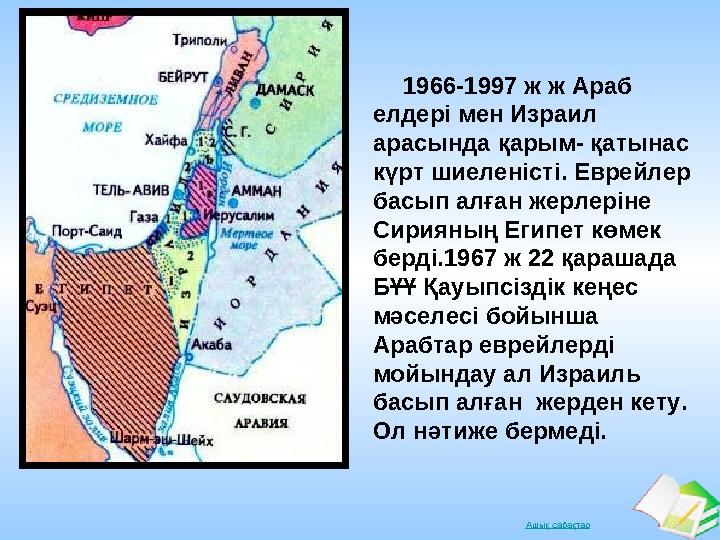 Ашық сабақтар 1966-1997 ж ж Араб елдері мен Израил арасында қарым- қатынас күрт шиеленісті. Еврейлер басып алған жерле