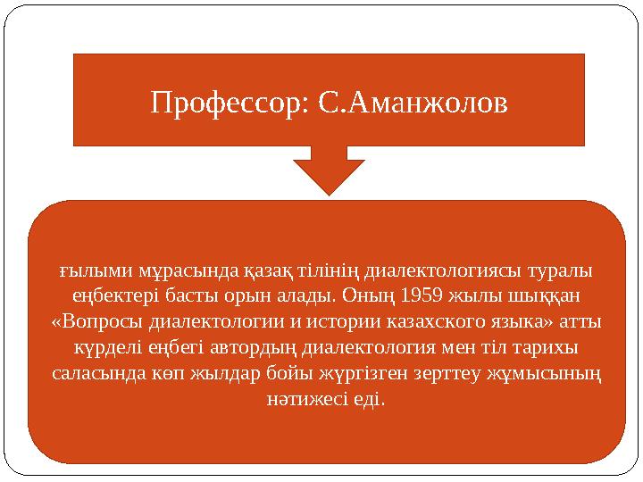 Профессор: С.Аманжолов ғылыми мұрасында қазақ тілінің диалектологиясы туралы еңбектері басты орын алады. Оның 1959 жылы шыққан