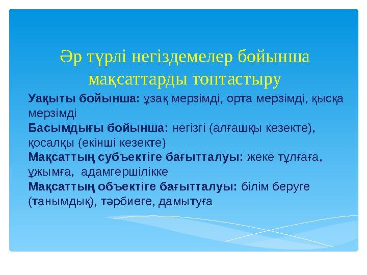 Әр түрлі негіздемелер бойынша мақсаттарды топтастыру Уақыты бойынша: ұзақ мерзімді, орта мерзімді, қысқа мерзімді Басымдығы