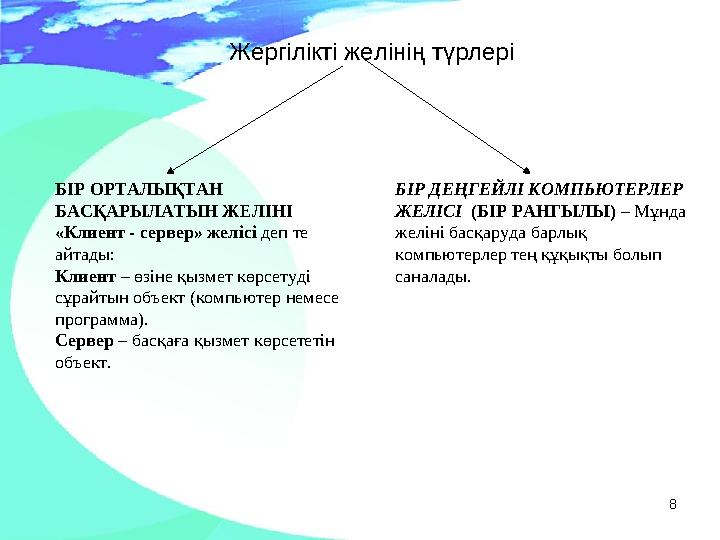 8 БІР ОРТАЛЫҚТАН БАСҚАРЫЛАТЫН ЖЕЛІНІ «Клиент - сервер» желісі деп те айтады: Клиент – өзіне қызмет көрсетуді сұрайтын объект