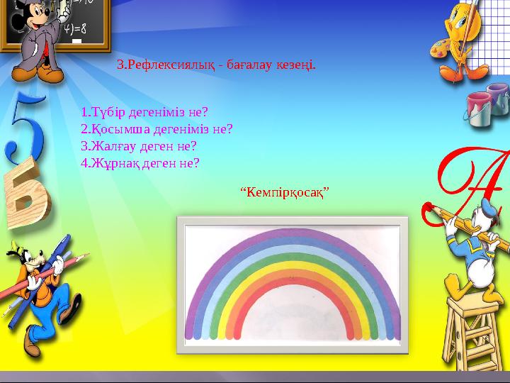 3.Рефлексиялық - бағалау кезеңі. 1.Түбір дегеніміз не? 2.Қосымша дегеніміз не? 3.Жалғау деген не? 4.Жұрнақ деген не? “ Кемпірқ