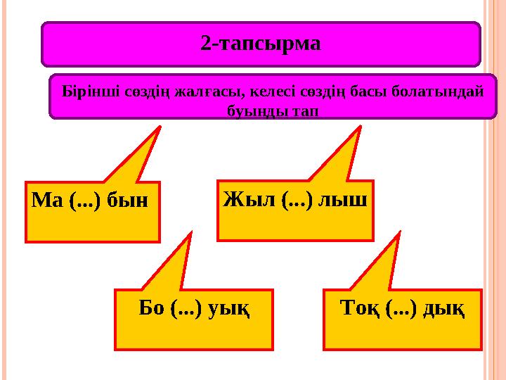 2-тапсырма Бо (...) уық Ма (...) бын Жыл (...) лыш Бірінші сөздің жалғасы, келесі сөздің басы болатындай буынды тап Тоқ (...)