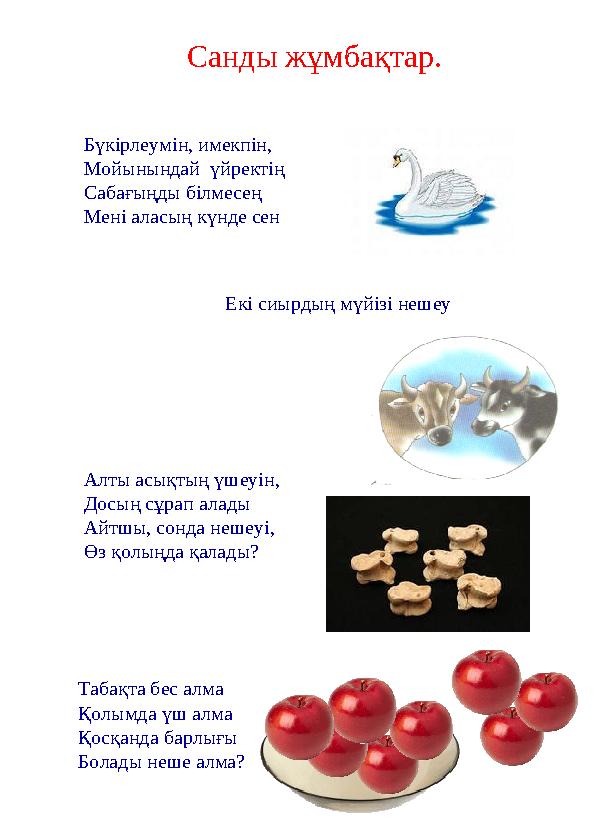 Санды жұмбақтар. Бүкірлеумін, имекпін, Мойынындай үйректің Сабағыңды білмесең Мені аласың күнде сен Екі сиырдың мүйізі нешеу А