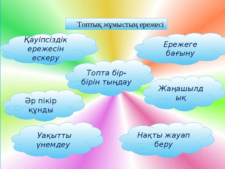 Топты қ жұмыстың ережесі Қауіпсіздік ережесін ескеру Топта бір- бірін тыңдау Әр пікір құнды Жаңашылд ық Уақытты үнемде