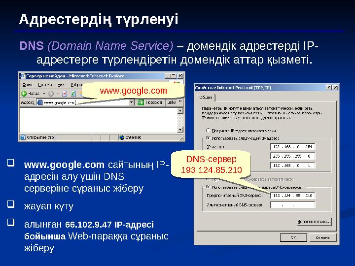 Адрестердің түрленуі DNS (Domain Name Service) – домендік адрестерді IP- адрестерге түрлендіретін домендік аттар қызметі .