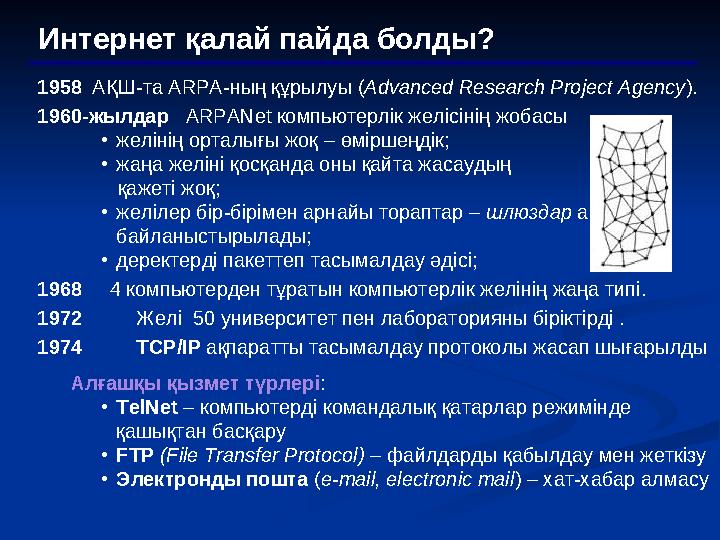 Интернет қалай пайда болды? 1958 АҚШ-та ARPA -ның құрылуы ( Advanced Research Project Agency ) . 1960-жылдар ARPANet ко