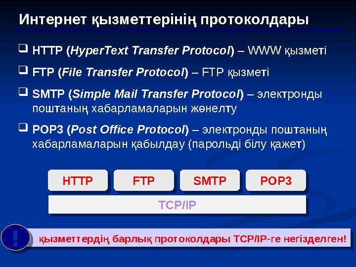 Интернет қызметтерінің протоколдары  HTTP ( HyperText Transfer Protocol ) – WWW қызметі  FTP ( File Transfer Protocol ) – F