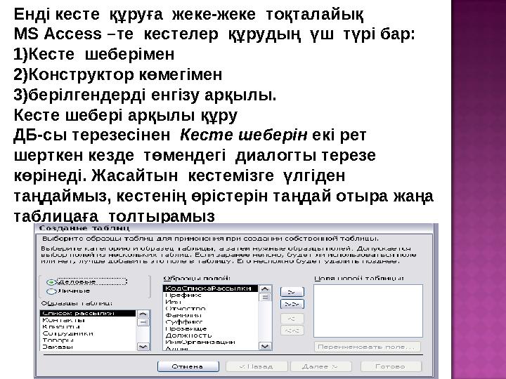 Енді кесте құруға жеке-жеке тоқталайық MS Access –те кестелер құрудың үш түрі бар: 1)Кесте шеберімен 2)Конструктор көме