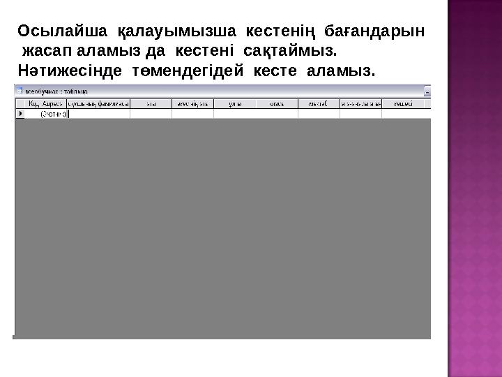 Осылайша қалауымызша кестенің бағандарын жасап аламыз да кестені сақтаймыз. Нәтижесінде төмендегідей кесте аламыз.