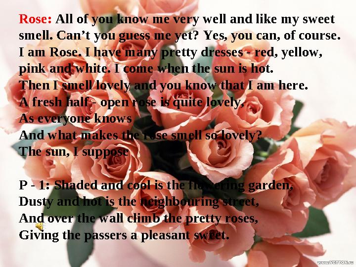 Rose: All of you know me very well and like my sweet smell. Can’t you guess me yet? Yes, you can, of course. I am Rose. I hav