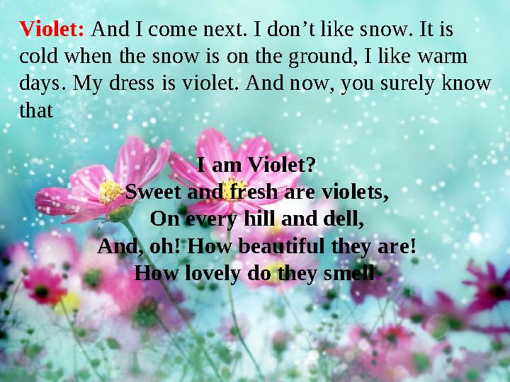 Violet: And I come next. I don’t like snow. It is cold when the snow is on the ground, I like warm days. My dress is violet.