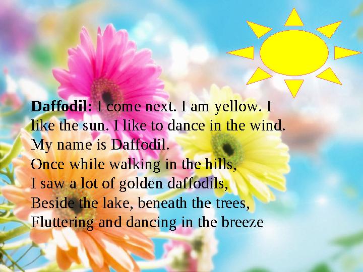 Daffodil: I come next. I am yellow. I like the sun. I like to dance in the wind. My name is Daffodil. Once while walking in th