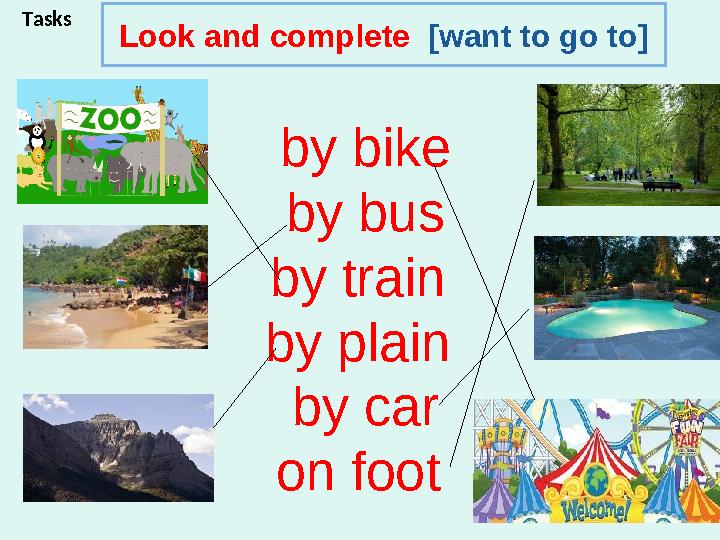 by bike by bus by train by plain by car on foot Tasks Look and complete [want to go to]