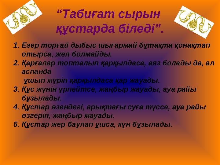 “ Табиғат сырын құстарда біледі”. 1. Егер торғай дыбыс шығармай бұтақта қонақтап отырса, жел болмайды. 2. Қарғалар топталып қа