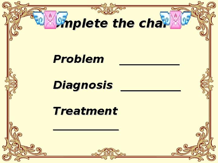 Complete the chartComplete the chart Problem ___________Problem ___________ Diagnosis ___________Diagnosis ___________ T