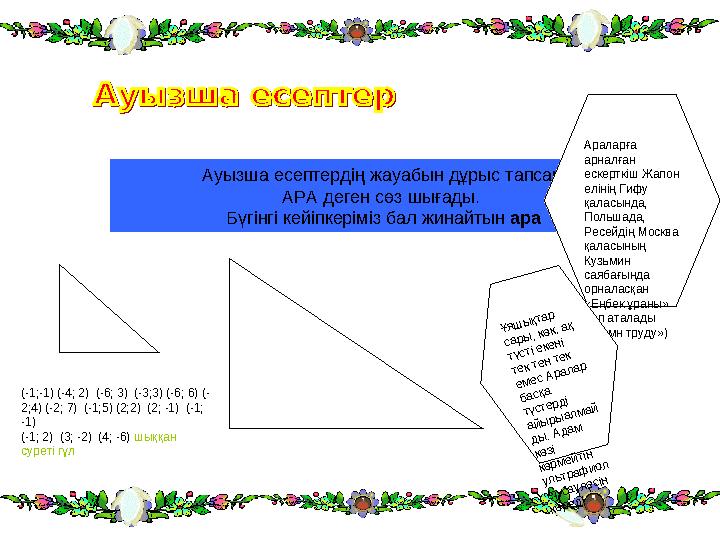 Ауызша есептердің жауабын дұрыс тапсақ АРА деген сөз шығады. Бүгінгі кейіпкеріміз бал жинайтын ара Араларға арналған ескерт